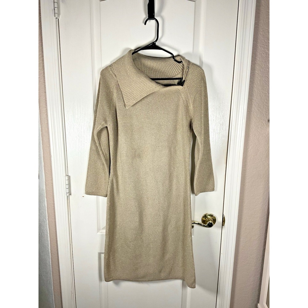 Calvin Klein Women's Medium Gold Metallic Bodycon Sweater Dress Long Sleeve Flop